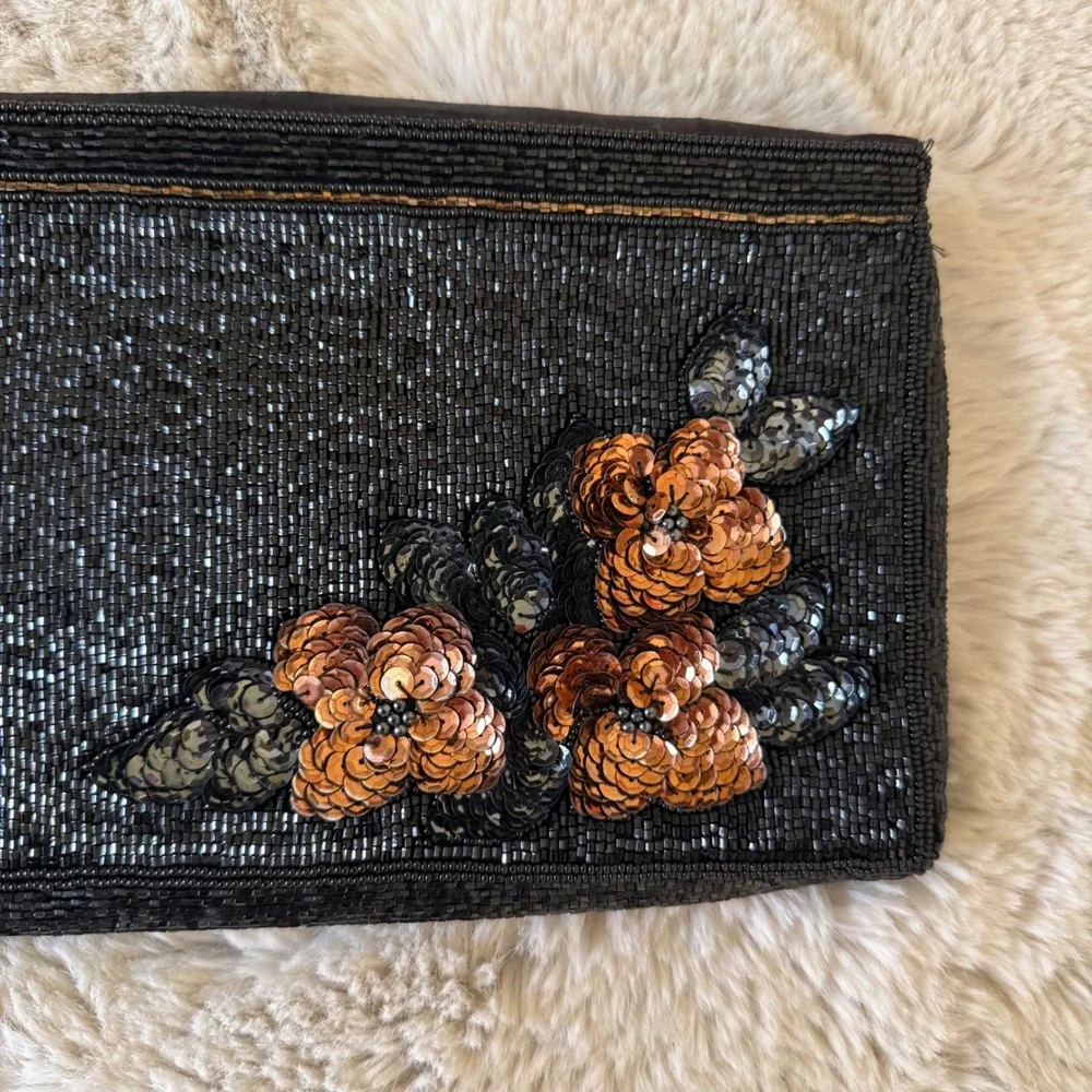 Vintage Black Beaded Clutch Evening Bag with‎ Floral Sequins Tassel
